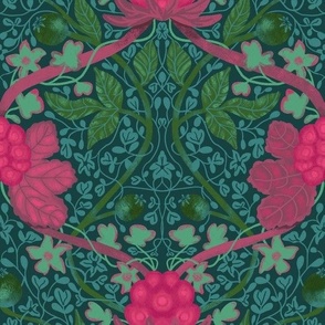 Botanical seamless pattern with flowers and berries in green pink colors