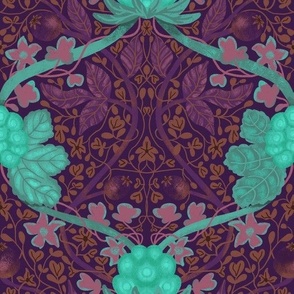 Seamless pattern with cloudberries, leaves and flowers on a purple background.