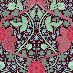 Botanical seamless pattern with flowers and berries in red, brown and green colors