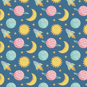 Universe, cute planets, moon, sun and rocket with stars - Blue Background 