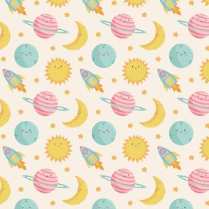 Universe, cute planets, moon, sun and rocket with stars - Cream Background 