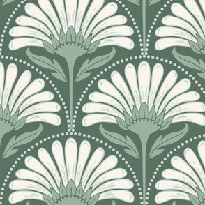 Art Deco Scallop with simple Daisy Floral in muted soft green tones on mid green background, medium scale