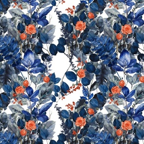 Tropical Paradise Ink Navy Blue Grey and Coral on White Romantic Exotic Leafy Floral
