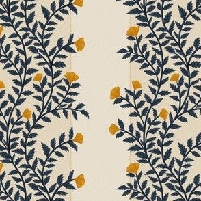 Navy Vertical Vines with Yellow Flowers and Vertical Lines Background
