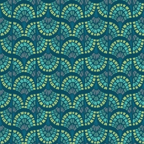 art deco two way cockle shell block print wavy scallop dark teal green small scale