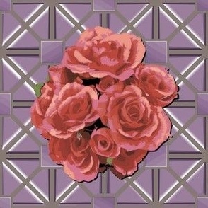 Hand-Drawn Roses Blooming on a Trellis of Grey, Pink, and Purple