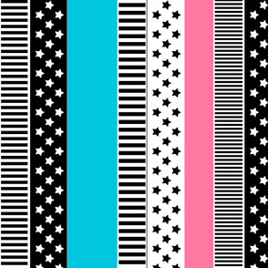 Patchwork made of multi-colored strips of fabric in pink, blue and black and white.