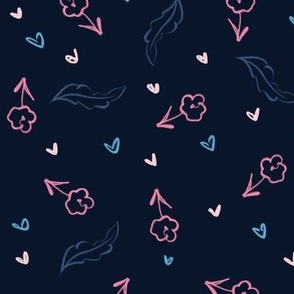 Dark blue floral design, small pink flowers and blue hearts leaves