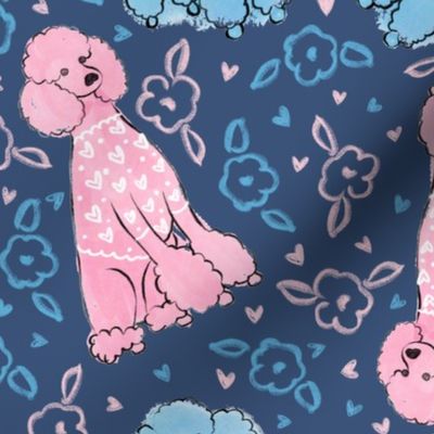 Pink and blue poodles design with flowers