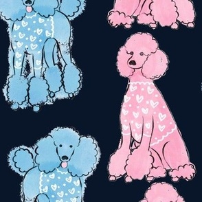 Cute pink and blue poodles on dark blue background