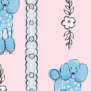 Blue poodle on pink background with floral stripes
