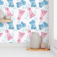 Cute pink and blue dogs, sweet poodles watercolor and flowers design