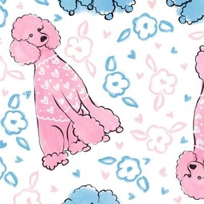 Cute pink and blue dogs, sweet poodles watercolor and flowers design