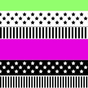 Patchwork of black and white and neon stripes with crimson and green fabric 