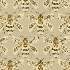 Small scale Folk Art Bees|wildflowers with leaves|Small|cream and Green
