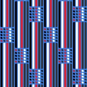 Geometric patterns, stripes and ovals. Red, gray, white on blue. Spring Blocks collection.