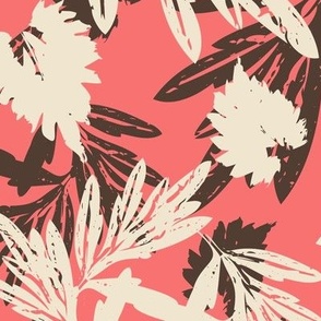 Tropical Dance abstract botanical block print in deep peach pink, beige and dark brown. 