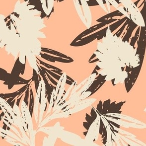Tropical Dance abstract block botanical print in deep Peach Fuzz (Pantone Color of the Year 2024), beige and dark brown. 
