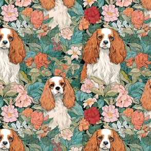 Blenheim Cavalier King Charles Spaniel Vintage Floral