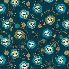 Memento Mori Skulls in Moody Blue and Golden Yellow