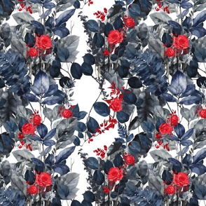 Tropical Paradise Blue Black Grey and Red on White Romantic Exotic Leafy Floral