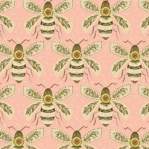 Large scale Folk Art Bees|wildflowers with leaves|Large|Pink