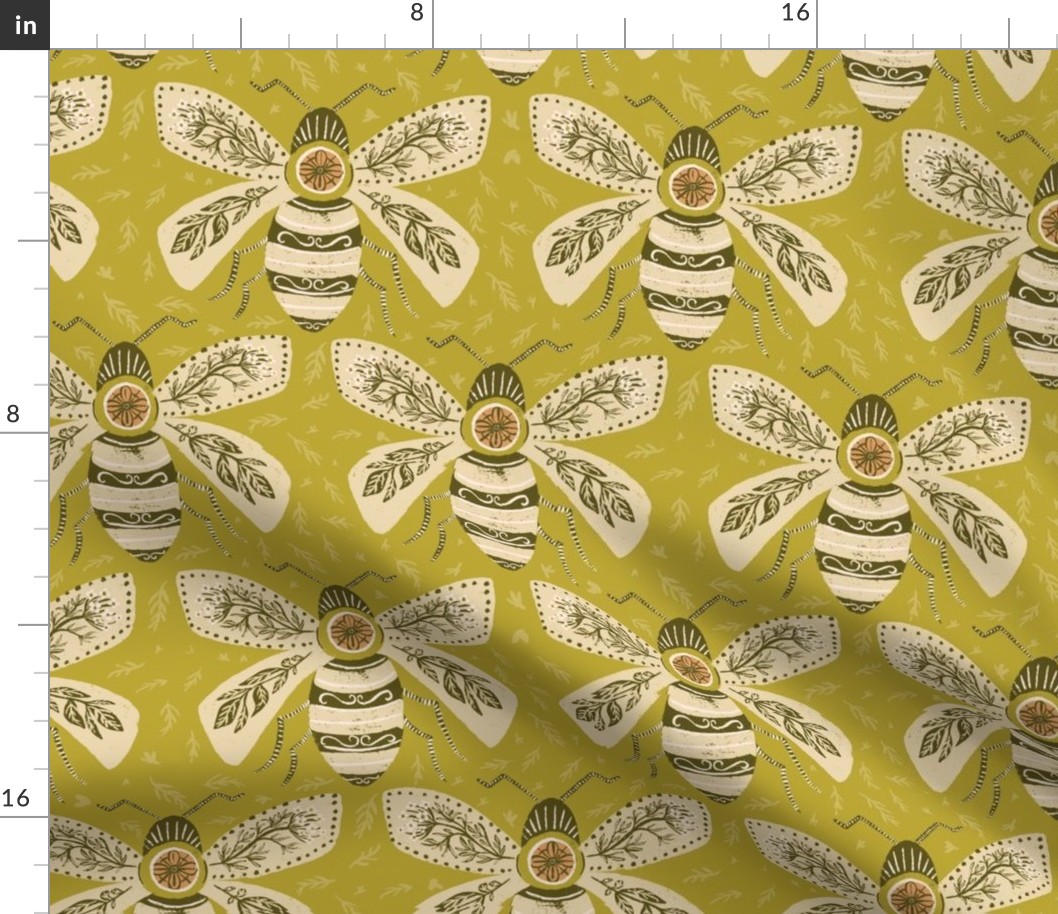Large scale Folk Art Bees|wildflowers with leaves|Large|yellow green