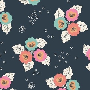 Monsoon Bloom - dramatic floral clusters on a dark background with bright flowers