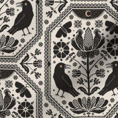 Cross stitch ravens, folk flowers, moths  - blackwork goth cottage core - black and coffee cream - medium
