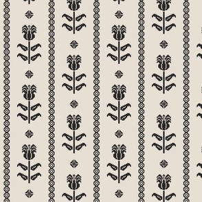 Cross stitch floral stripe  - blackwork gothic cottage core - black and coffee cream - medium