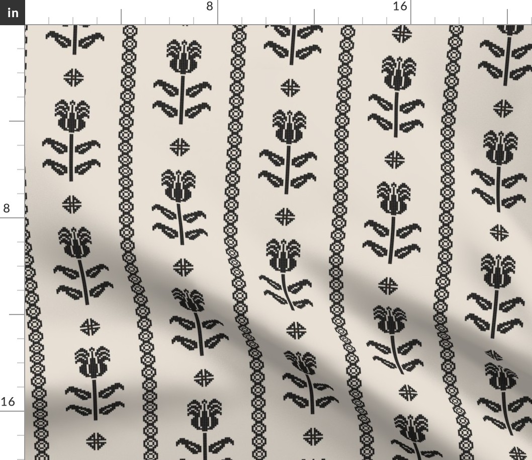 Cross stitch floral stripe  - blackwork gothic cottage core - black and coffee cream - medium