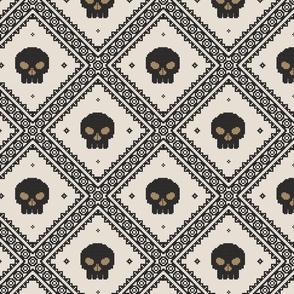 Cross stitch skull trellis -  blackwork gothic cottage core - black and coffee cream - mid-large