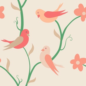 Doves on Branches with Flowers - Lovebirds on Pink, Large scale
