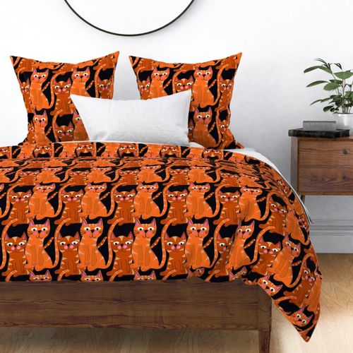 Large Scale Colorful Kitties | Hank and Larry Orange Tabby Cats | Illustration Pattern on Black Background