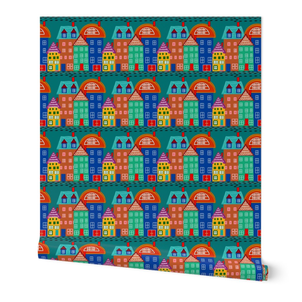 Scandinavian Village Town Pattern with Teal Blue background