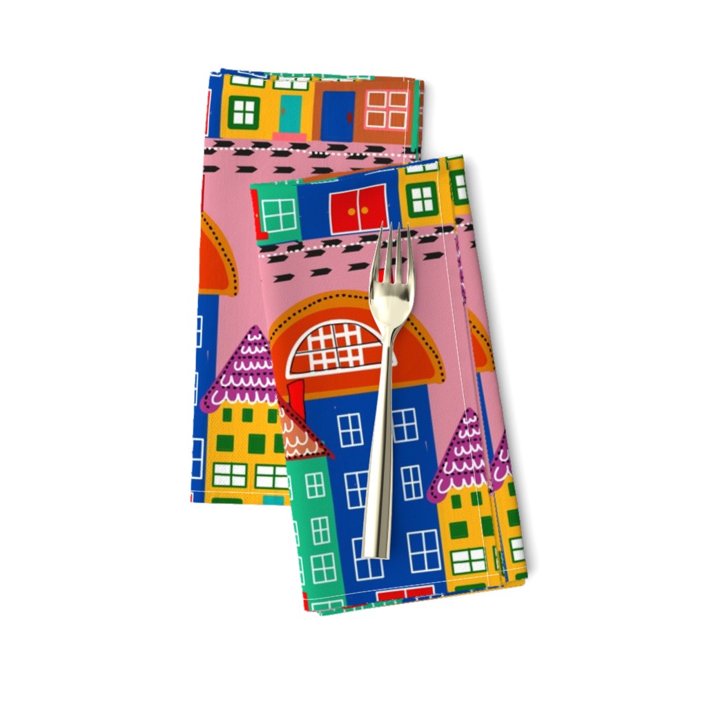 Large Scale Colorful  Scandinavian Village Town Pattern with Pink background