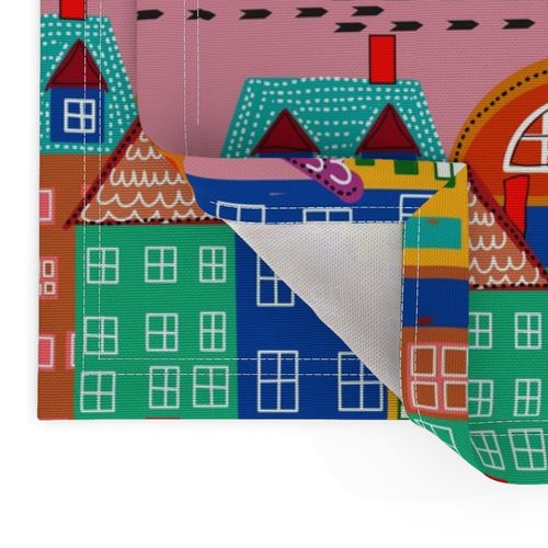 Large Scale Colorful  Scandinavian Village Town Pattern with Pink background