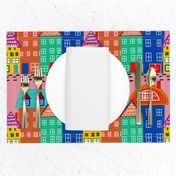 Large Scale Colorful  Scandinavian Village Town Pattern with Pink background