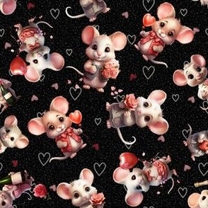 Valentines mice fabric black mouse fabric valentines day mice fabric mouse fabric mice heart fabric pink red valentines fabric red pink mice