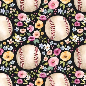 Spring Baseball Floral on Black 12 inch