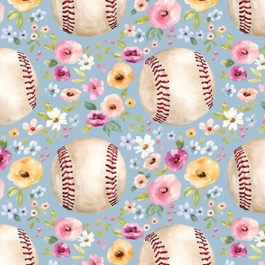 Spring Baseball Floral on Blue 12 inch