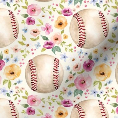 Spring Baseball Floral on Cream 6 inch