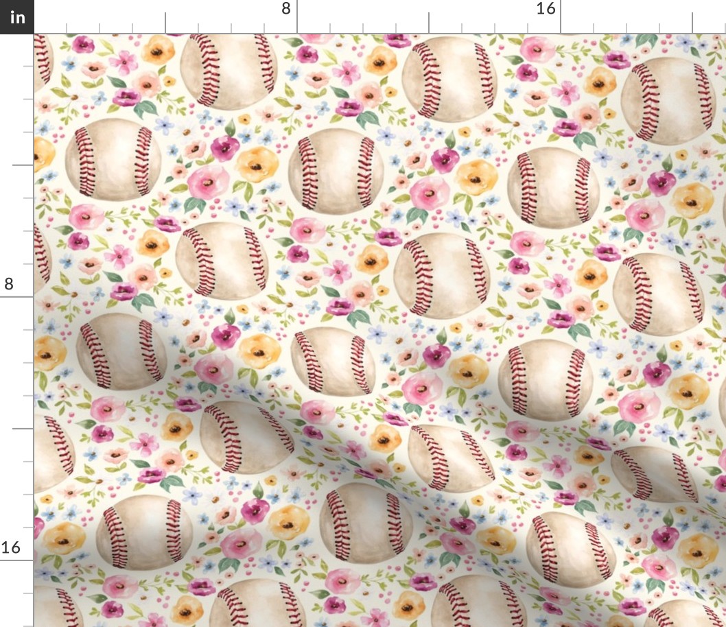 Spring Baseball Floral on Cream 6 inch