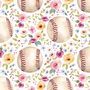 Spring Baseball Floral on White 12 inch