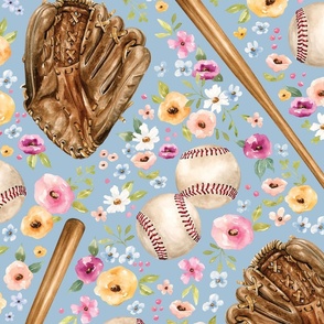 Baseball Game with Watercolor Florals on Blue 24 inch
