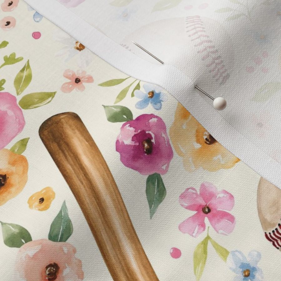 Vintage Baseball Game with Spring Floral on Cream 12 inch