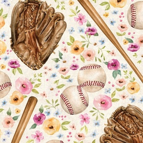 Vintage Baseball Game with Spring Floral on Textured Cream 24 inch