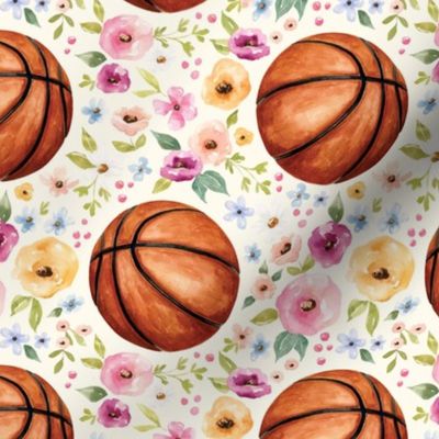 Basketball with Watercolor Florals on Cream 6 inch