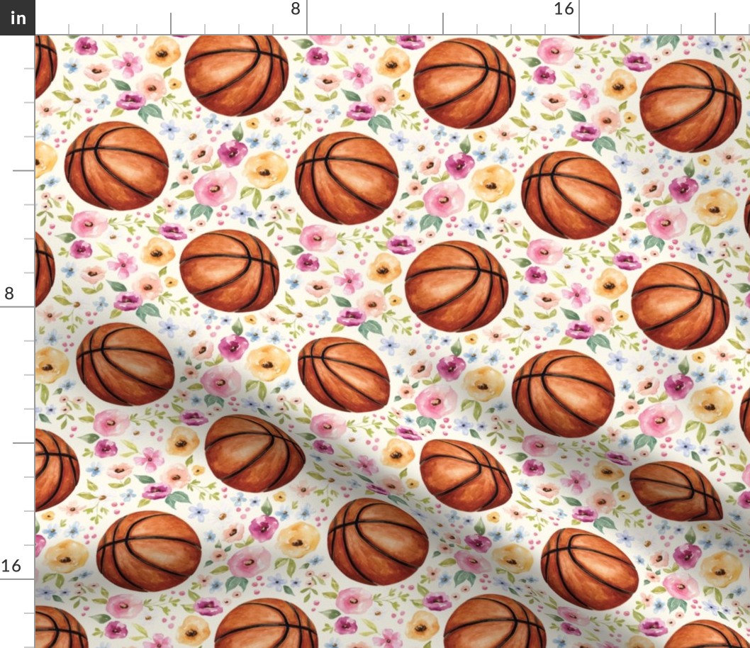 Basketball with Watercolor Florals on Cream 6 inch