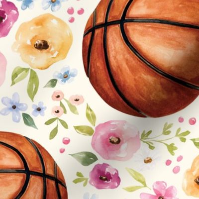 Basketball with Watercolor Florals on Cream 12 inch